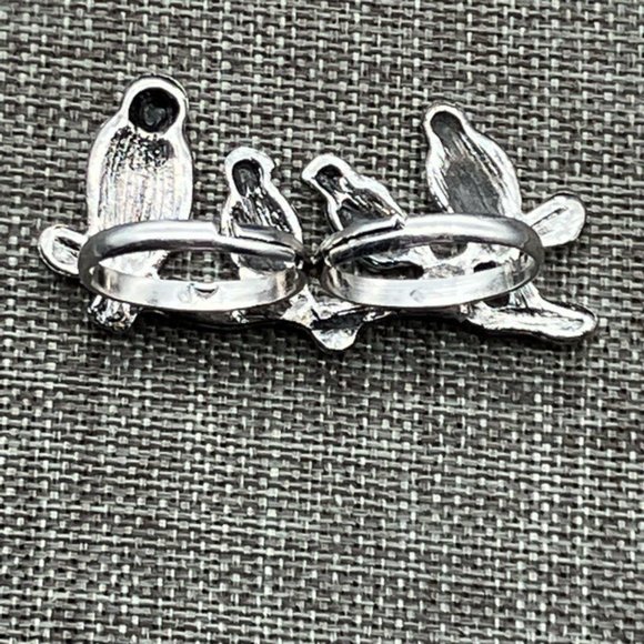 Perched Birds Double Ring Branch Silver Rhinestone Retro BoHo Soft Girl Cottage - Picture 5 of 10